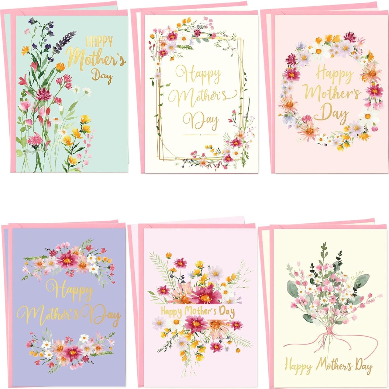 Mother’s Day Card Making Kit – 12 Pack Gold Foil Flower Greeting Cards with Envelopes & Stickers, Blank Inside Bulk Cards for Mom